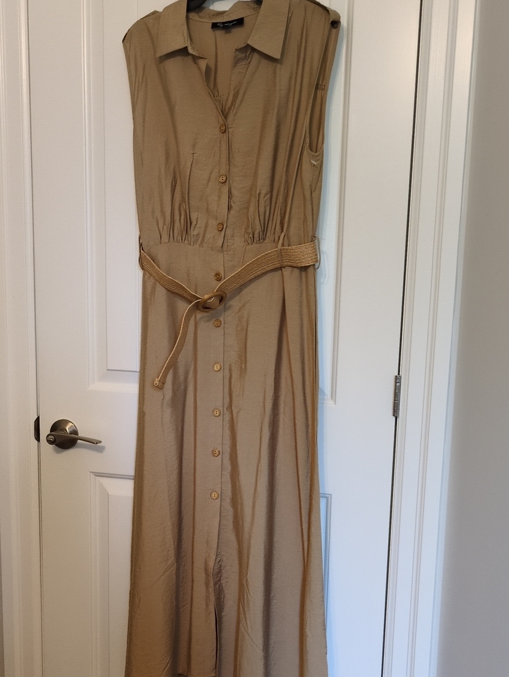 Sleeveless Tan Button-Front Maxi Shirt Dress with Woven Belt